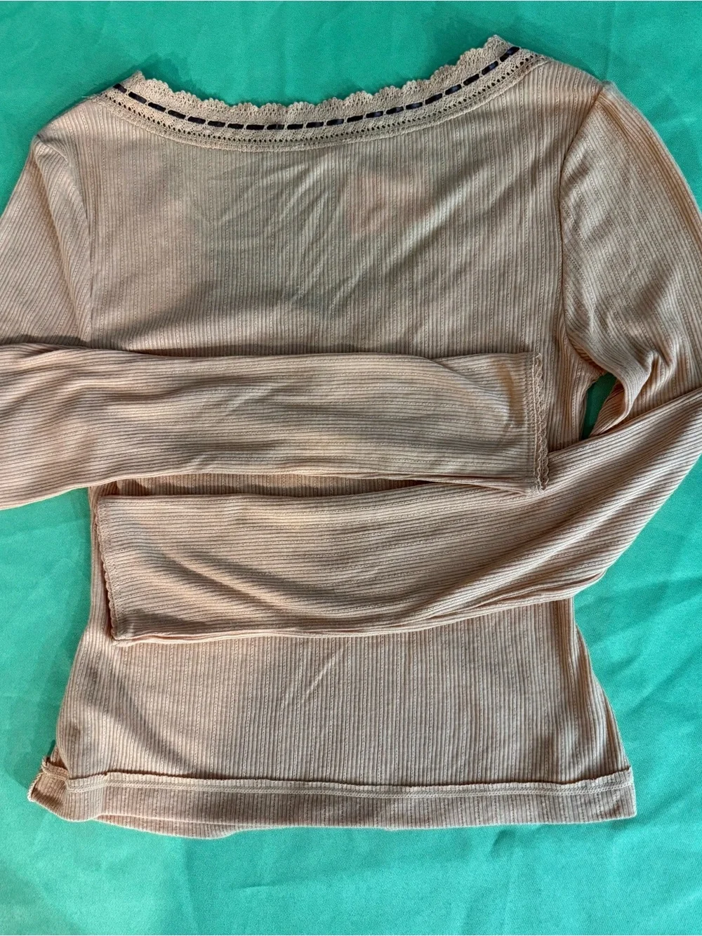 FP Peach Soft Ribbed V-Neck Long Sleeve Top - Chocolate Brown Ribbon NWT